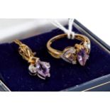 A LADY'S YELLOW METAL AMETHYST AND DIAMOND RING, size P and a matching amethyst and diamond PENDANT,
