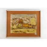 SHIRLEY MOODY, 20TH CENTURY, COLOURED PRINT depicting houses and fields, signed, 15 ins x 20 ins,
