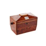 AN EARLY 19TH CENTURY YEW-WOOD VENEERED AND BOXWOOD STRUNG TEA CADDY of sarcophagus shape, two