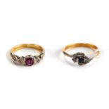 AN 18CT YELLOW GOLD DIAMOND RUBY AND DIAMOND RING, size K and an 18ct yellow gold sapphire and