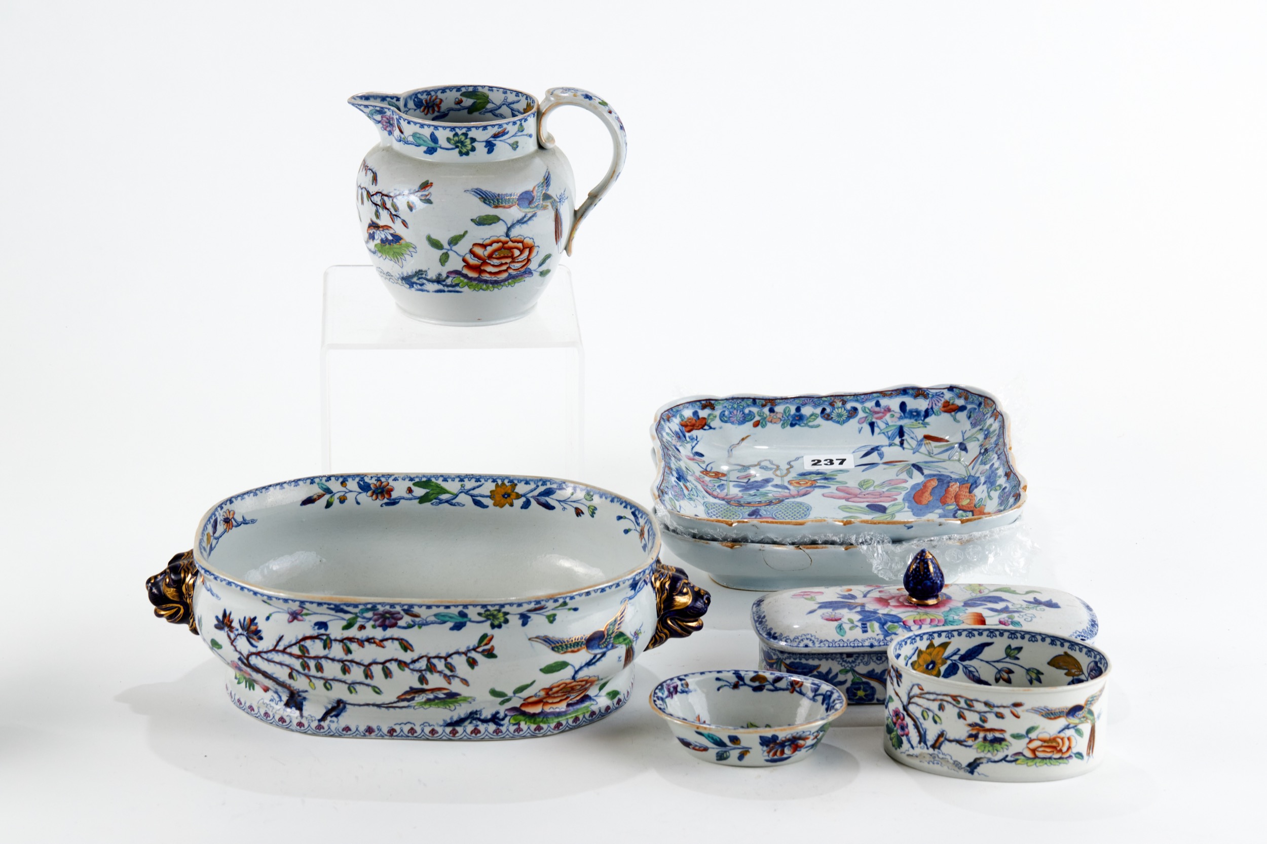 A PAIR OF 19TH CENTURY MASONS IRONSTONE FLORAL DECORATED SQUARE DISHES, 8 1/2 ins sq, a 19th Century