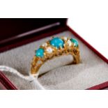 A LADY'S 9CT GOLD VICTORIAN STYLE TURQUOISE AND PEARL RING, size P, approximately 3.2 grams.