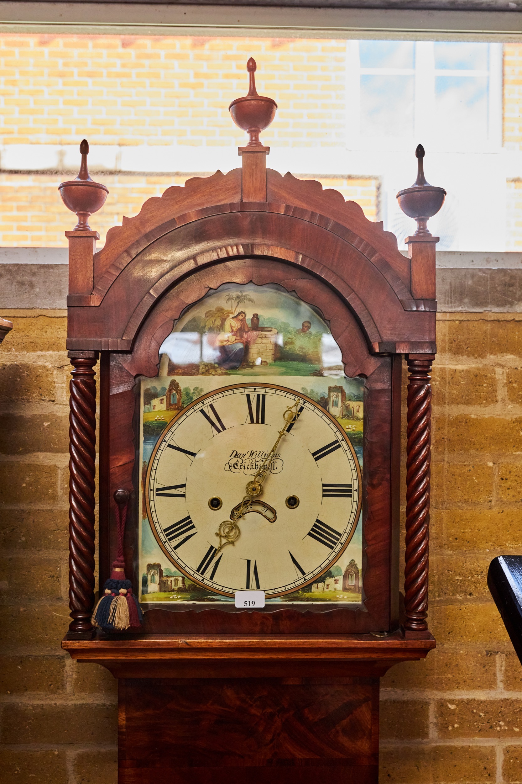 DAN WILLIAMS, CRICKHOWELL, A 19TH CENTURY MAHOGANY LONGCASE CLOCK, painted arched dial with dummy