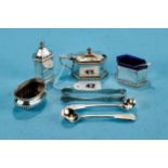 A GEORGE V SILVER THREE PIECE CONDIMENT SET of elongated hexagonal form, maker: A BROS LTD,