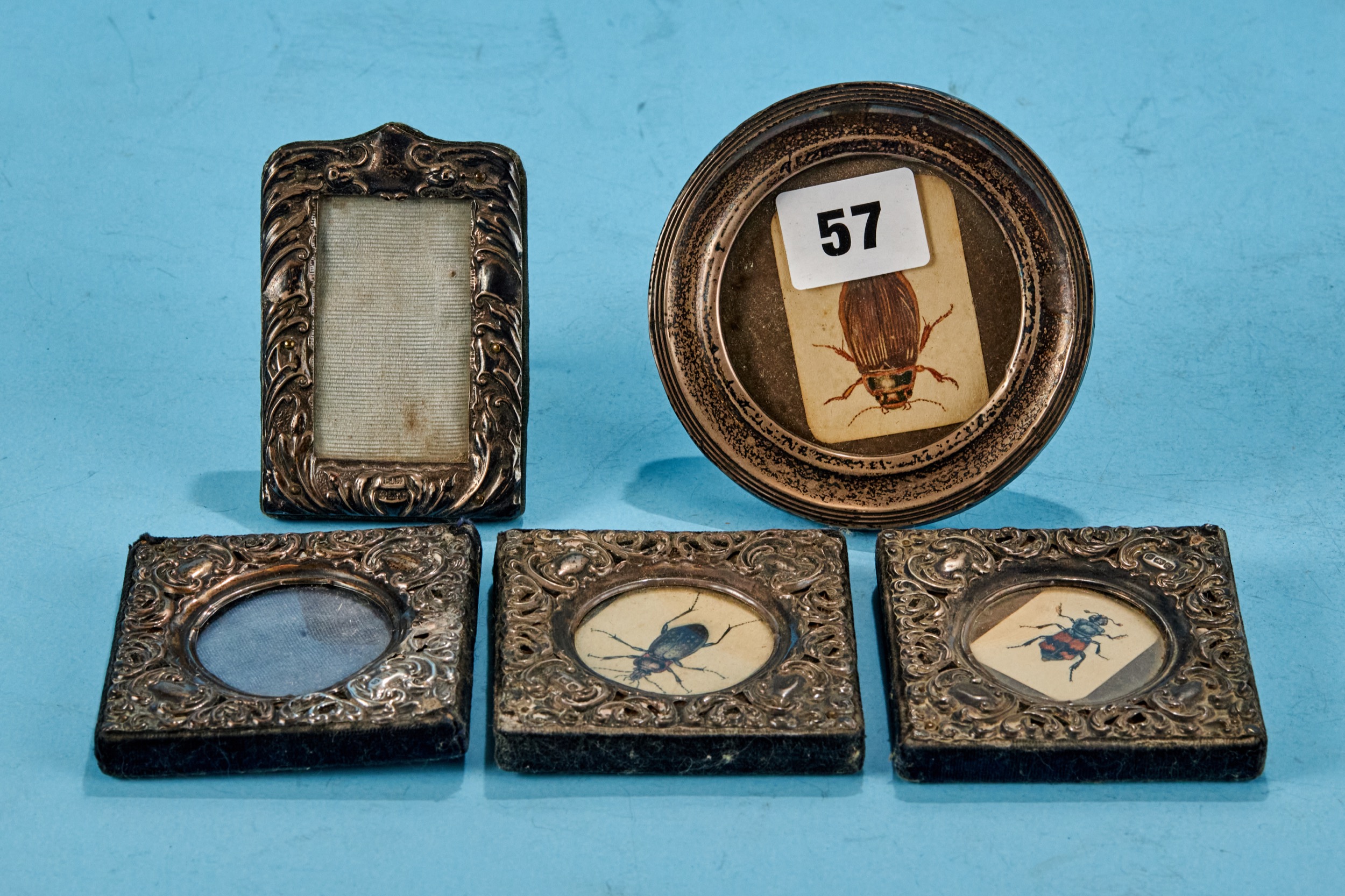 THREE SMALL EDWARDIAN SQUARE SILVER EMBOSSED PHOTO FRAMES, maker: FJH, Birmingham 1902, each 3 ins