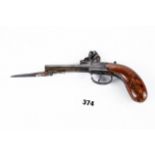AN EARLY 19TH CENTURY FLINTLOCK PISTOL with triggar activated spring knife/bayonet, 8 1/2 ins