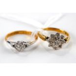 A PERIOD 18CT YELLOW GOLD AND PLATINUM DIAMOND SET HEART DESIGN RING, size O and an 18ct yellow gold
