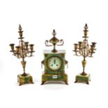 MOUGIN, FRANCE, A LATE 19TH CENTURY GREEN ONYX CLOCK GARNITURE, circular floral decorated dial, twin
