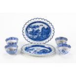 AN EARLY 19TH CENTURY BLUE AND WHITE PEARLWARE OVAL PIERCED EDGE PLATE, transfer decorated with