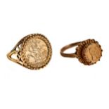 A 9CT GOLD ST GEORGE MEDALLION RING, size P and a 9ct gold Mexican COIN RING, size P,