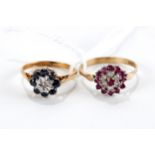 A 9CT YELLOW GOLD SAPPHIRE AND DIAMOND RING, size L and a 9ct yellow gold ruby and diamond RING,