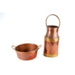 A 20TH CENTURY CIRCULAR COPPER PRESERVING PAN with brass handles, 13 ins diameter and a copper and
