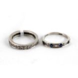 A 9CT WHITE GOLD SAPPHIRE AND DIAMOND HALF HOOP ETERNITY RING and a white metal diamond full