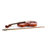 A LATE 19TH CENTURY VIOLIN, two piece back and scroll neck, 21 3/4 ins long, with bow and stained