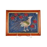 A PAIR OF EMBROIDERED AND SILVER THREAD WORK PICTURES OF BIRDS AND FOLIAGE, 13 1/2 ins x 19 1/2