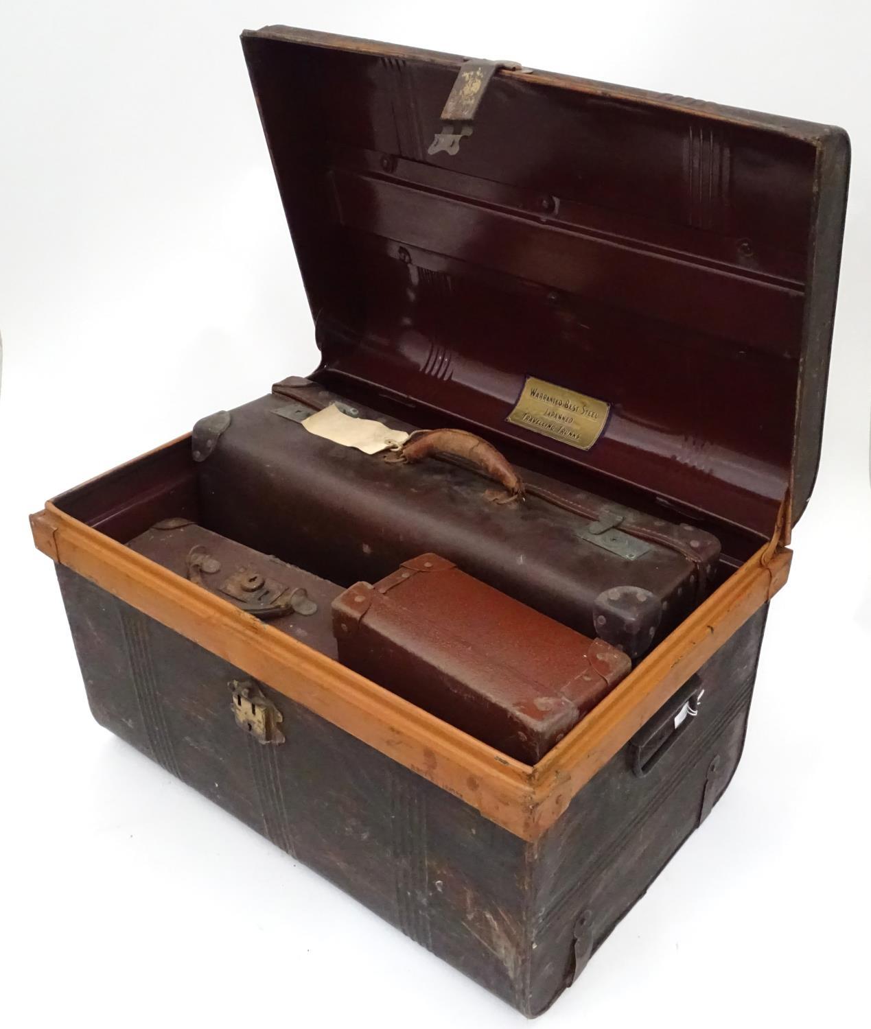 A painted tin trunk, with a suitcase and two attache cases/ The largest approx. 25" wide (4) - Image 5 of 5