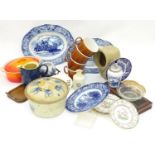 A quantity of assorted items to include a Delft sugar shaker, blue and white plates, a cast iron