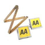 Two Automobile Association radiator badges, together with a rabone folding boxwood ruler. (3) Please