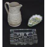 Three assorted items to include a Quimper dish, 19thC Dunson Parian ware jug and an art glass