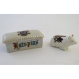Two pieces of crested ware, to include a Carlton China lidded hair pin box, the top decorated with