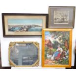 A quantity of assorted items, to include a mirror, a print, tapestry, etc. Please Note - we do not