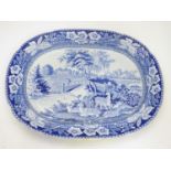 A large 19thC Ridgeway blue and white meat plate, depicting a pastoral scene with fallow deer in