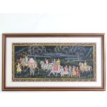 A 20thC oil on fabric depicting an Indian procession scene with figures, horses and an elephant
