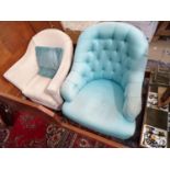 Two low upholstered armchairs. Largest approx. 33" tall (2) Please Note - we do not make reference