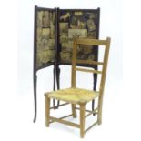 A Victorian fire screen with decoupage horse / equestrian decoration, together with a low chair. The