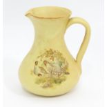 A studio pottery stoneware jug grey partridge decoration, signed under Please Note - we do not