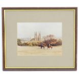 Roger Davies, XX, English School, Print, Riding past Beverley Minster. Facsimile signature lower