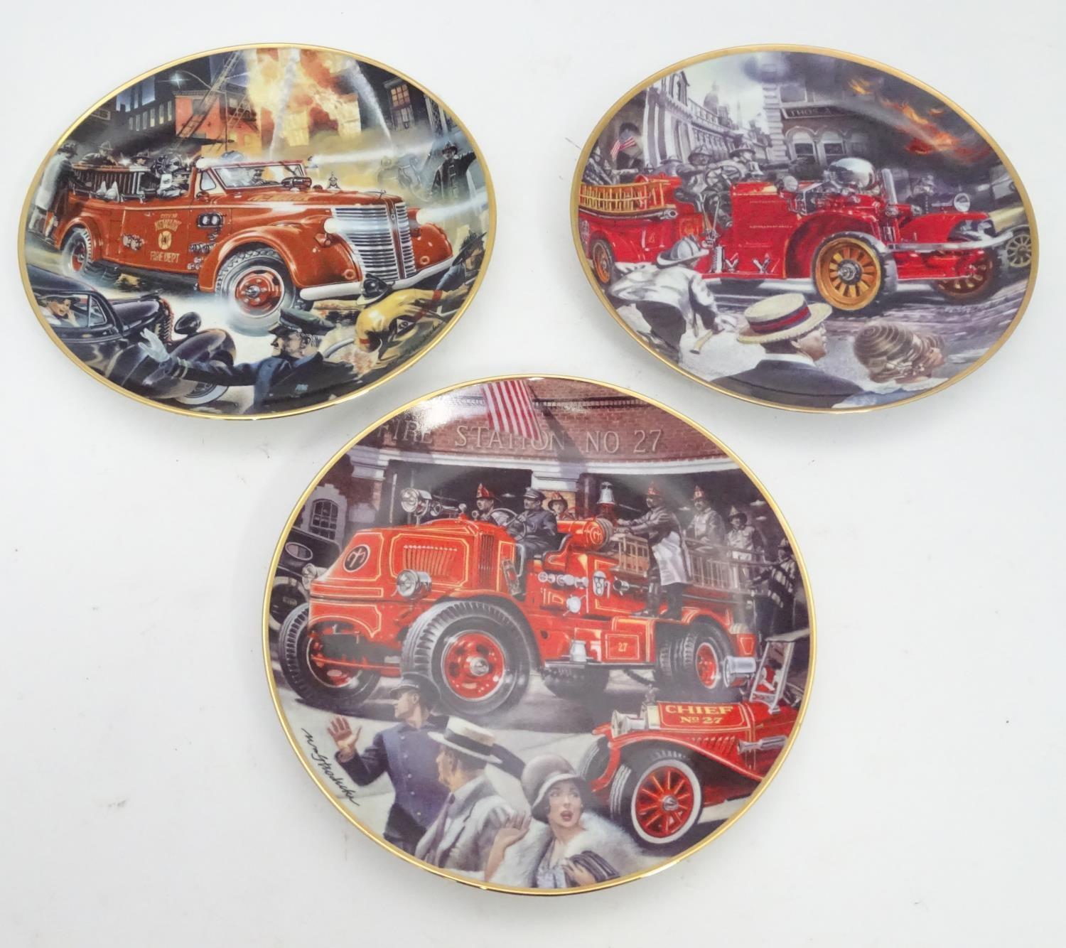 Three Franklin Mint commemorative plates depicting an American Fire Engine, etc. (3) Please Note -