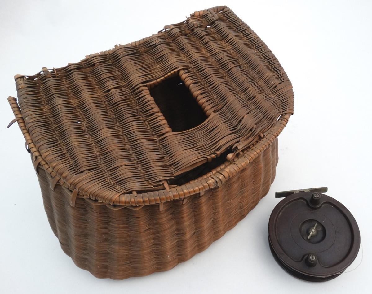 Fishing: an early to mid 20thC woven wicker fishing creel basket, 10 1/2'' wide, 7 1/2'' deep, 7 1/