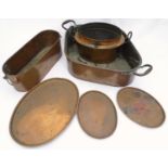 A quantity of assorted copper cooking items. The largest approx. 26" wide Please Note - we do not