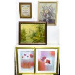 A quantity of pictures to include a pair of prints depicting poppies, an oil on canvas mountain