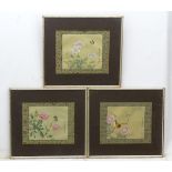 Three oriental pictures, Watercolour and gouache on silk (3), Butterflies with roses or poppies