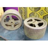 Cast iron industrial rollers / wheels. Each approx. 15 3/4" in diameter Please Note - we do not make