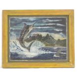 Nino, XX, Mixed media on board, A naive folk art depiction of a marlin fish jumping out of the