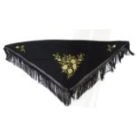 Vintage clothing/ fashion: A Victorian black fringed shawl with floral embroidery. Please Note -