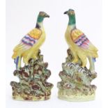 A pair of Staffordshire pheasant birds on naturalistic bases. Approx. 13" high (2) Please Note -