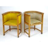 A pair of secessionist, birch tub chairs with bowed backs and matching stretchers above squared