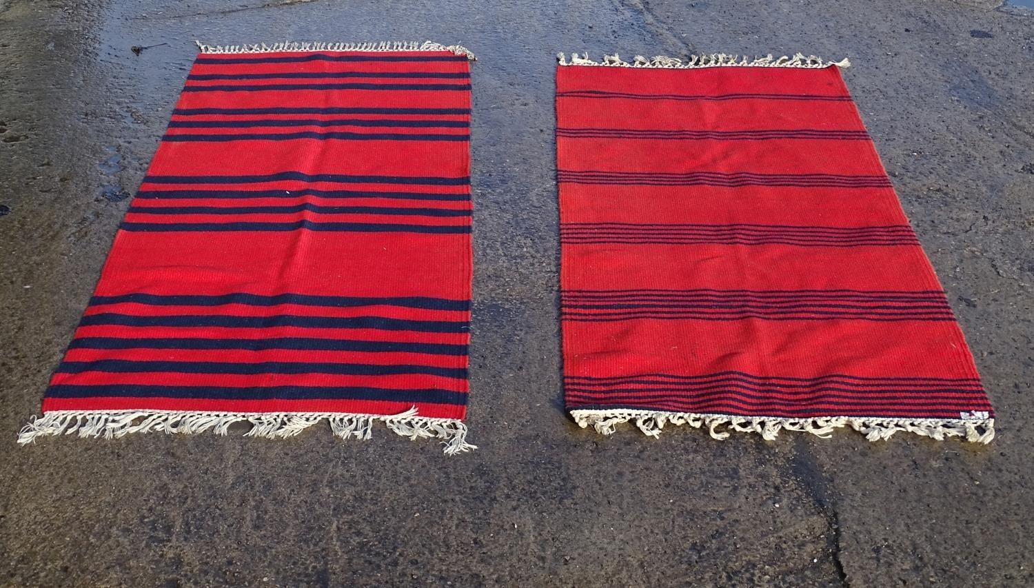 Two hand woven rugs / runners with red and navy blue stripes. One with label designed and hand woven - Image 3 of 5