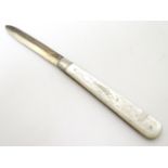 A folding fruit knife with mother of pearl handle and silver blade hallmarked Birmingham 1898