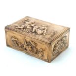 A 19thC copper box with embossed putti decoration, to include bacchanalian putti in landscapes