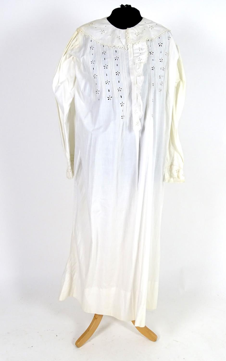 Vintage clothing/ fashion; A vintage white cotton full length night gown with herringbone embroidery