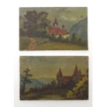 A pair of 19thC Continental miniature oils on milk glass depicting alpine landscape views with