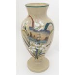 A Victorian glass vase of baluster form with hand painted enamel and gilt decoration depicting