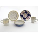 Five 19thC ceramic items comprising a Newhall style dished white saucer with gilt highlights, a