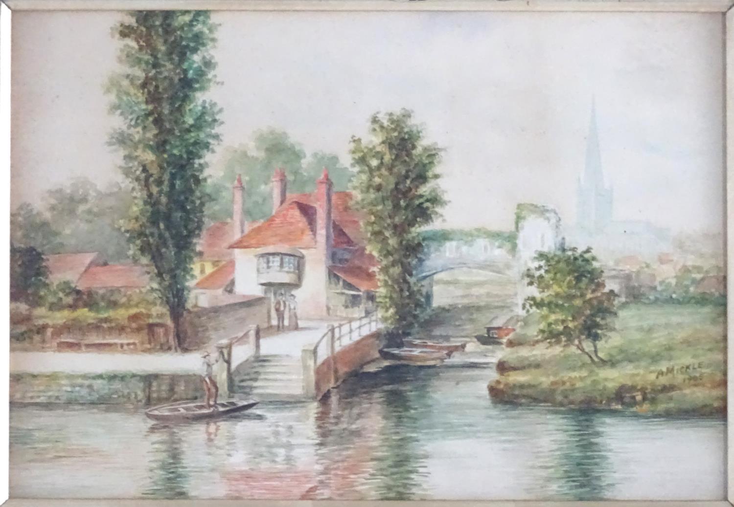A. Mickle, XX, Watercolours, A pair of river landscape scenes with buildings, bridges, figures and - Image 4 of 6