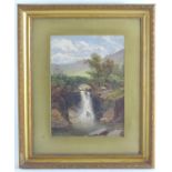 XIX-XX, Colour print in a Victorian frame, A landscape scene with a stone arch bridge over a